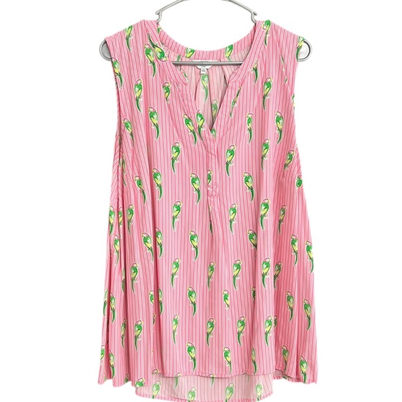 Crown & Ivy V-Neck Tunic Sleeveless Tropical Parrot Pink Green Size 3X - Picture 3 of 10